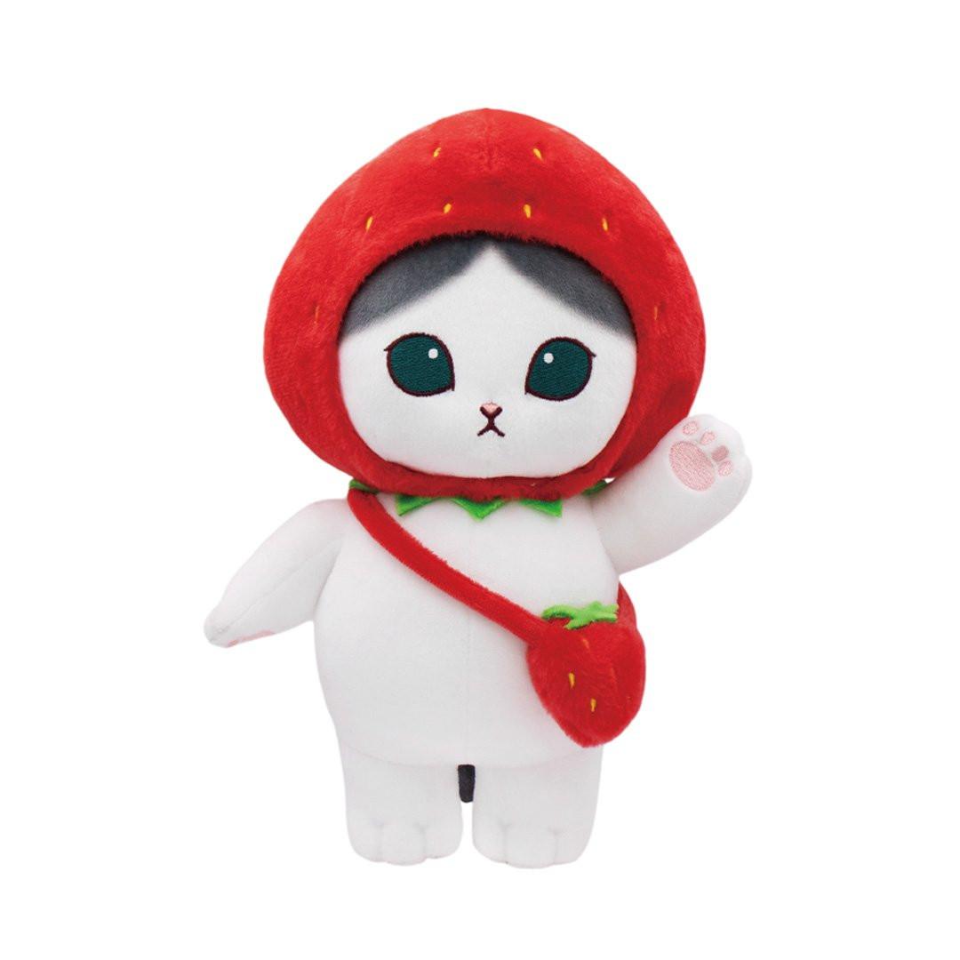 Official Licensed, Mofusand cat is dressed in a Strawberry costume Perfect for Mofusand fans, These charming cats feature oversized sparkling eyes, sweet embroidered faces, and the most delightful fruit-themed hat with fruits crossbody bag. It's perfect for collection, decoration or gift !