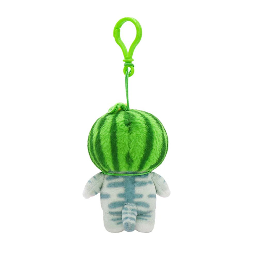 Officially licensed mofusand plush keychain featuring a grey tabby cat wearing a green striped watermelon hood and a watermelon slice bag.