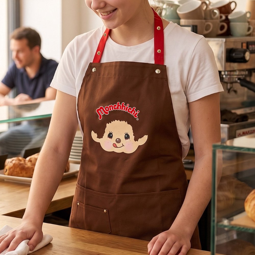 An officially licensed brown Monchhichi apron with red adjustable snap-button neck straps and front utility pockets