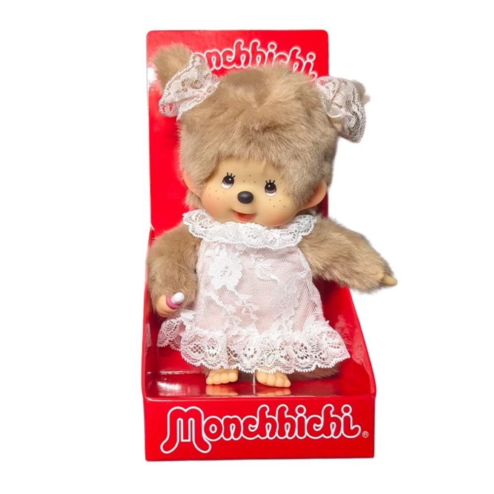 Monchhichi Beige Girl with White Lace Dress 8" Plush