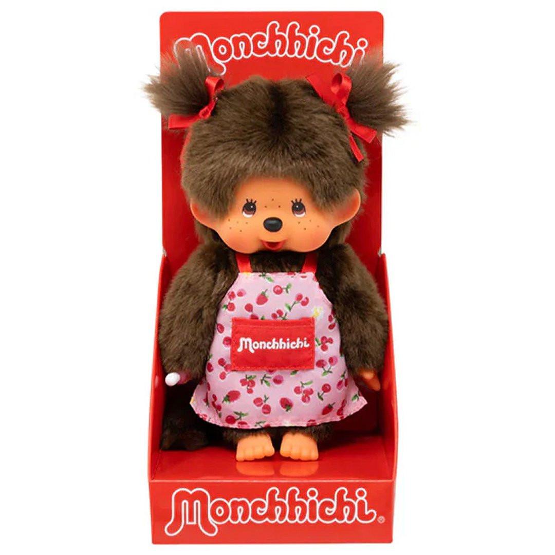 officially licensed plush from Sekiguchi Japan. Monchhichi girl dressed in a lovely flower-patterned apron and adorned with signature red bows on her tails, this girl Monchhichi brings nostalgic style and timeless cuteness together. Crafted from soft plush materials with a vinyl face, rosy cheeks, and pacifier-holding hand. she’s perfect for cuddling, displaying, or gifting to Monchhichi fans of all ages.