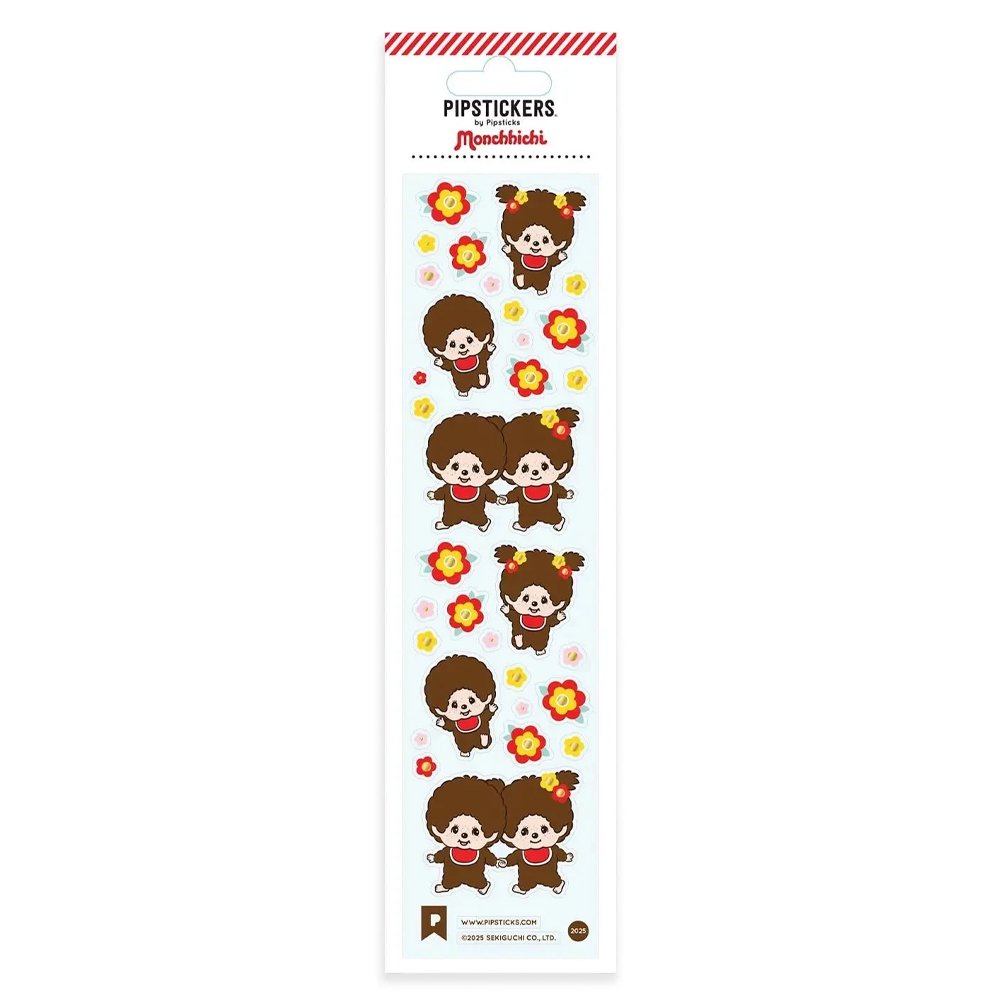A vertical sheet of officially licensed Monchhichi stickers by Pipsticks, featuring multiple Monchhichi characters, colorful flower accents