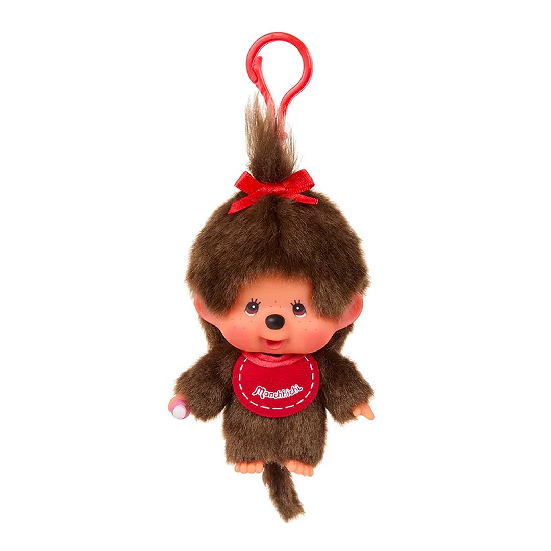 Official License Monchhichi girl keychain features Monchhichi signature red bib with pacifier-holding hand — he’s the perfect fun companion for your keys, bag, or backpack, and comes in an adorably tiny size that fits right in your hand!