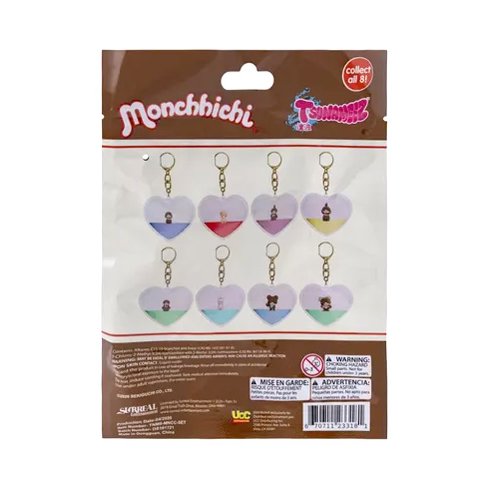 Officially licensed Monchhichi Tsunameez keychain blind box featuring heart-shaped liquid keychain containing a tiny Monchhichi figure and floating glitter stars
