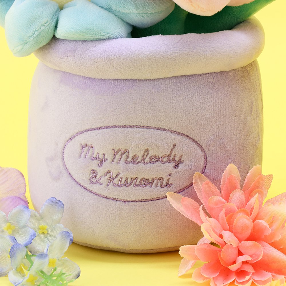 An officially licensed Sanrio plush bouquets featuring My Melody and Kuromi as soft, colorful flowers inside plush pots. The purple planter is beautifully embroidered with character names.