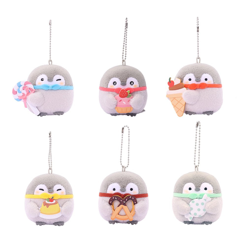 Officially licensed Spiralcute Koupen Chan Sweet Treats Plush Blind Box collection featuring six cute grey penguin plushies with colorful desserts such as candy, ice cream, pudding, cupcake, lollipop, and pretzel, perfect for kidult bag charms and kawaii aesthetic backpack accessories.