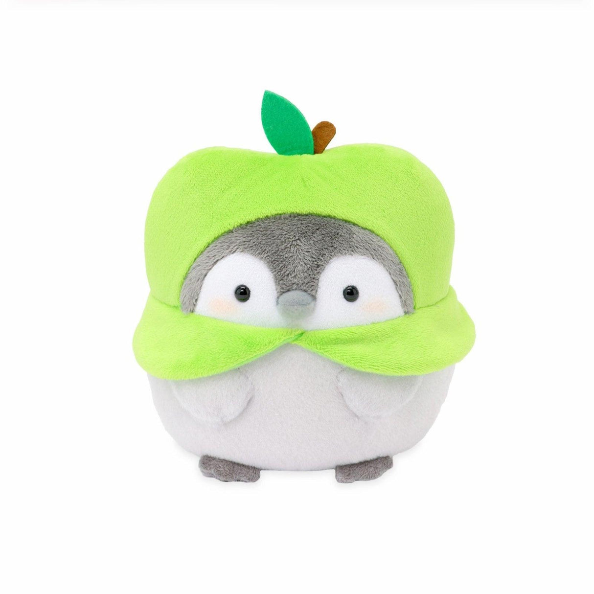 Officially licensed Spiralcute Koupen Chan green apple costume plush toy featuring a cute round grey penguin with rosy cheeks, soft fleece texture, and a felt leaf stem on its head, serving as a comforting desktop healing companion for adult and kidult collectors.