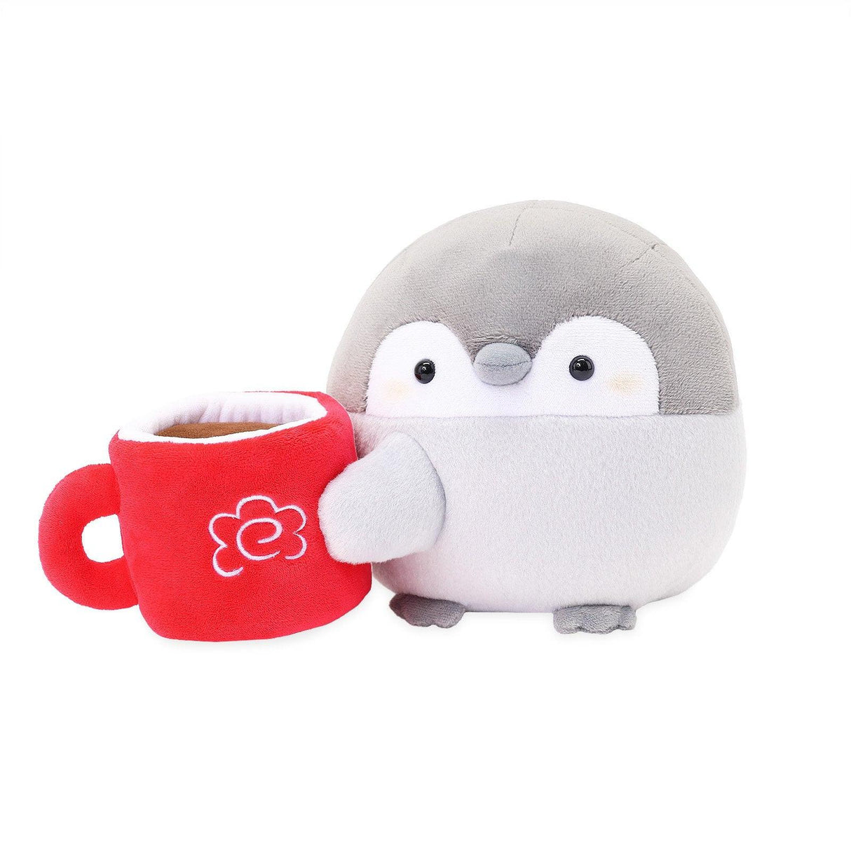 A thoughtful "cheer up" gift for coworkers and friends: Koupen Chan holding a warm red mug. Symbolic of comfort and care, this positive penguin mascot is an ideal birthday surprise or self-care reward for a balanced lifestyle.