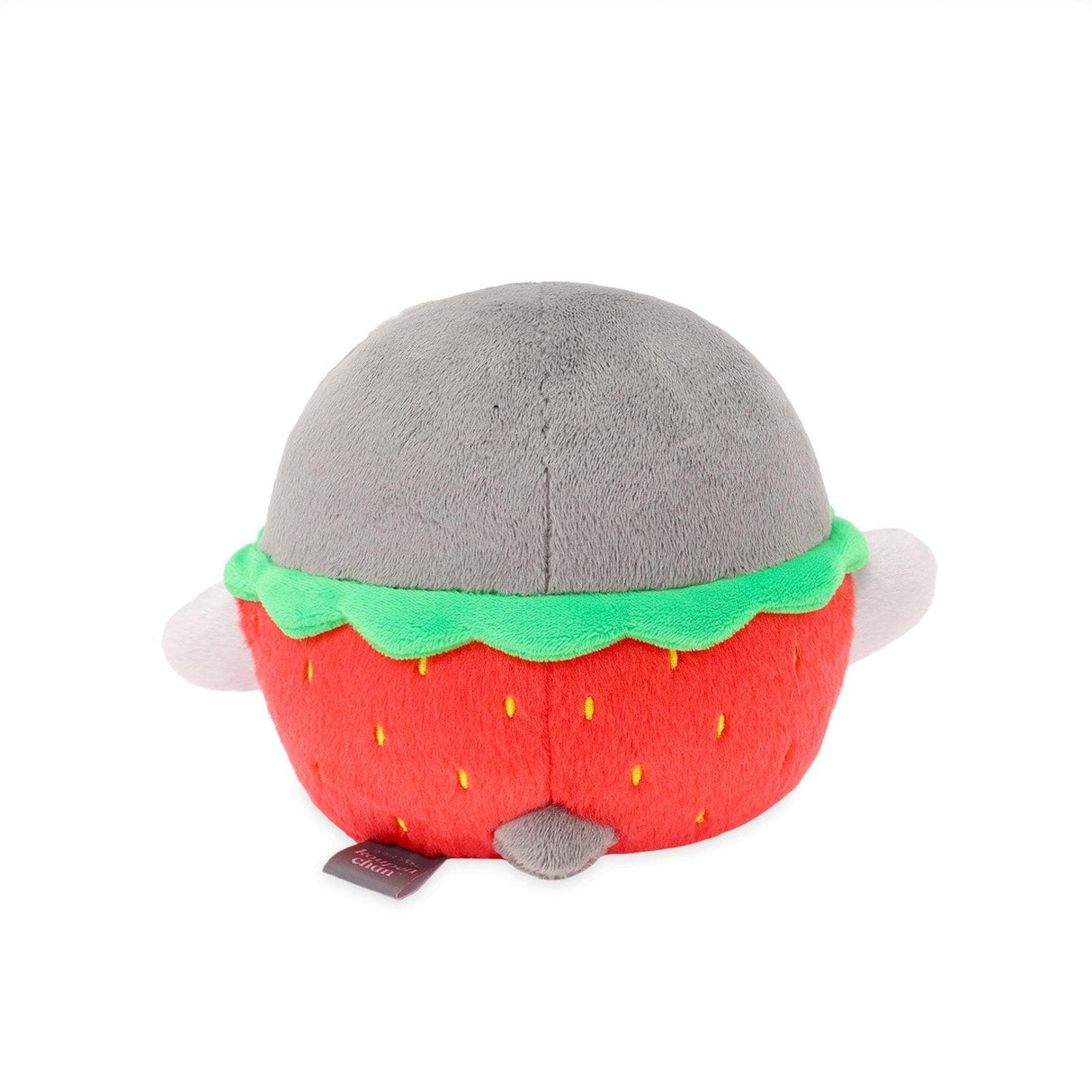 Officially licensed Koupen Chan strawberry costume plush toy showcasing a round grey penguin with a small white flower on its head, fluffy strawberry shaped body with yellow seed embroidery, and open arms, designed as an emotional support plushie for adult & kidult desk decoration.