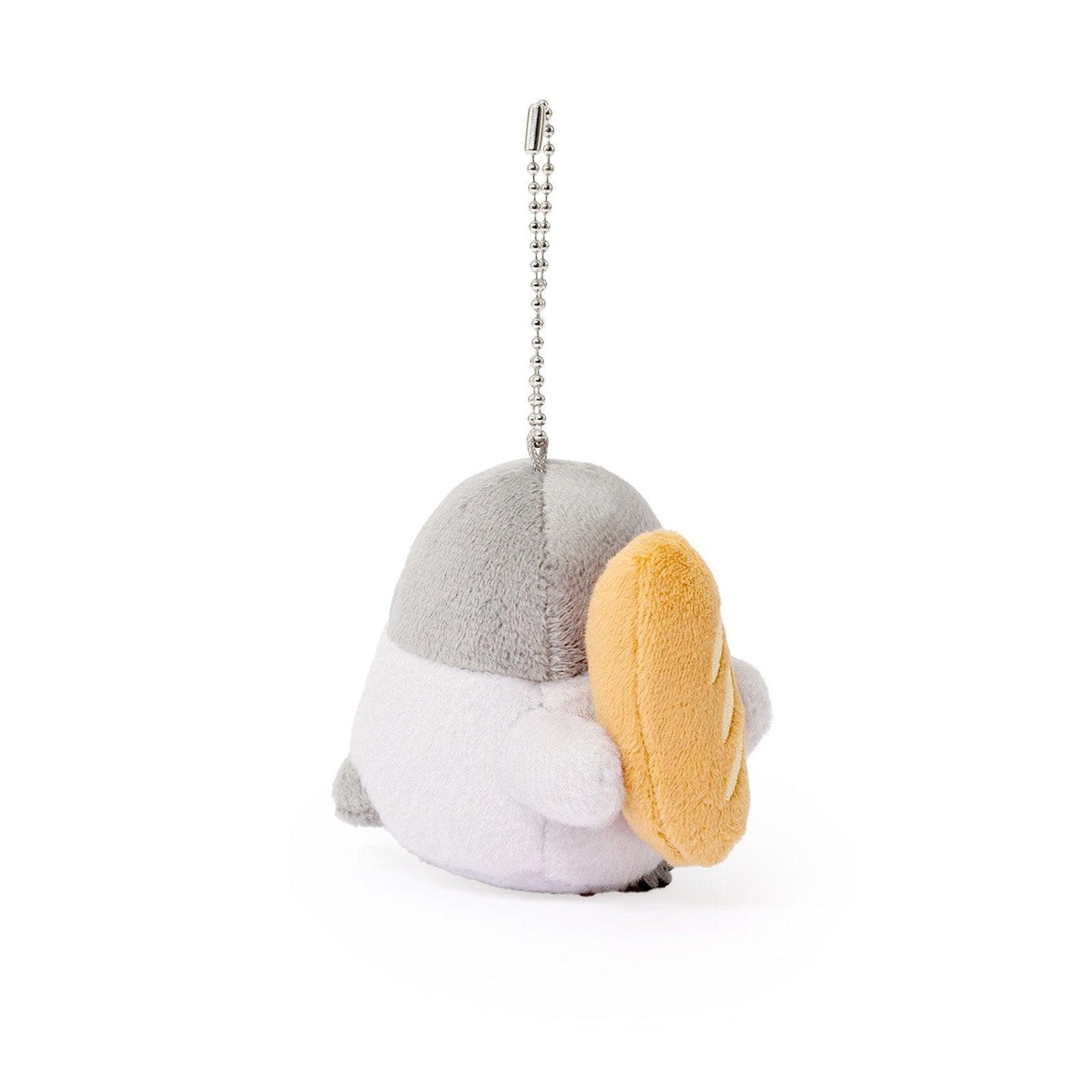 Officially licensed Spiralcute Koupen Chan Baguette Costume Plush Mascot Keychain featuring a soft grey penguin holding a baguette, attached to a sturdy silver ball chain, perfect for kidult bag charms and kawaii aesthetic backpack accessories.