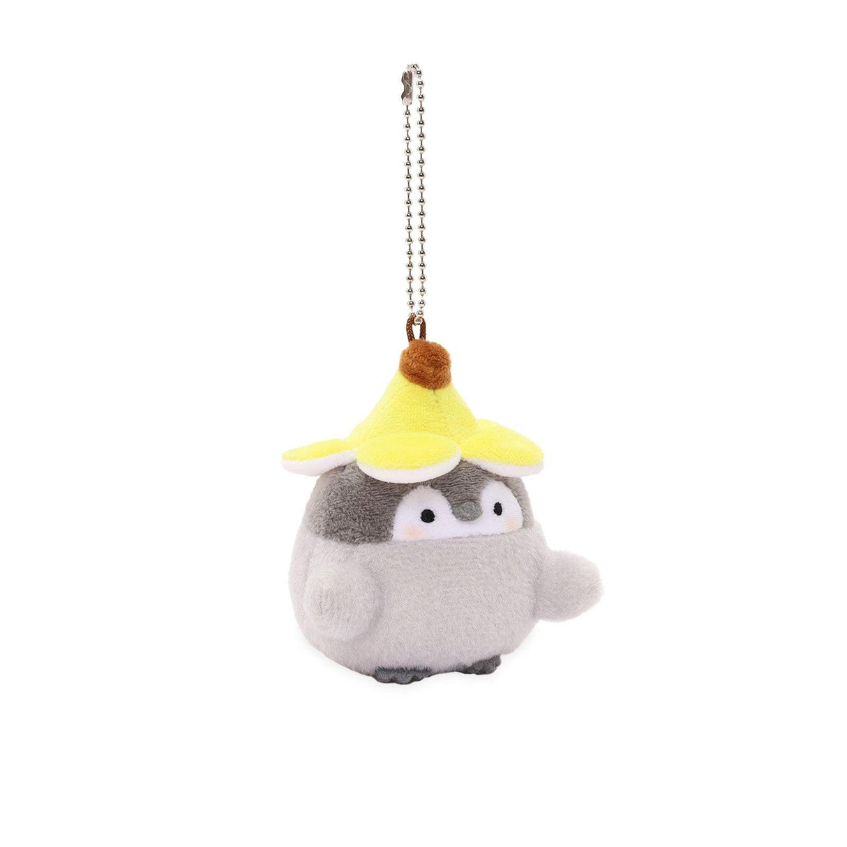 Officially licensed Spiralcute Koupen Chan cute grey penguin plush keychain wearing a yellow banana hat and with a silver ball chain, perfect for kidult bag charms and kawaii aesthetic backpack accessories.
