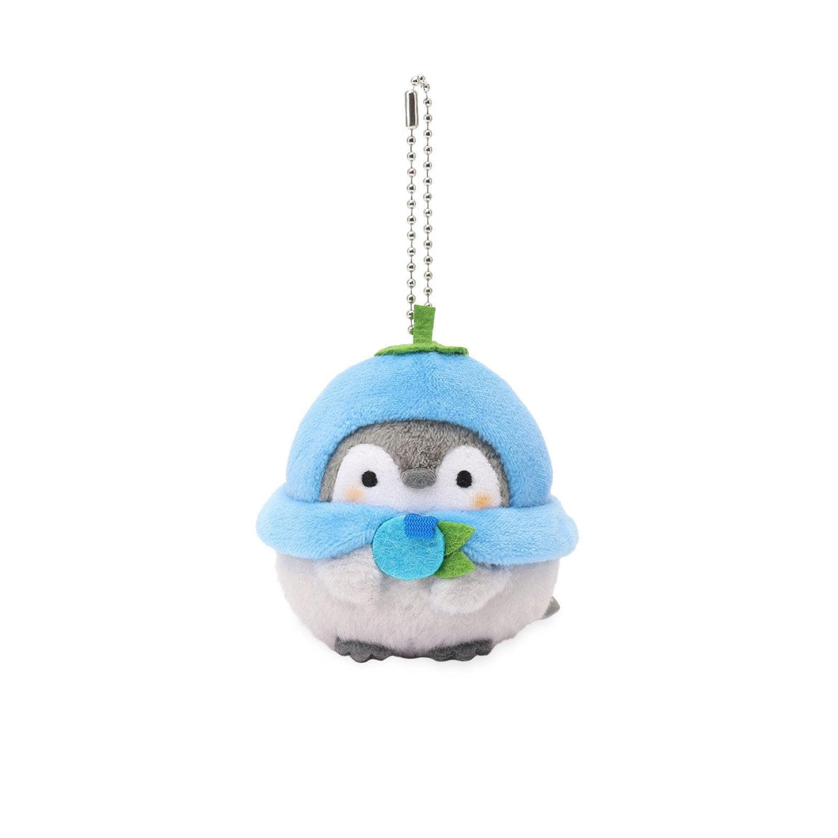 Officially licensed Spiralcute Koupen Chan fluffy and cute grey penguin plush keychain wearing a blueberry hat and holding a small blueberry with a silver ball chain, perfect for kidult bag charms and kawaii aesthetic backpack accessories.