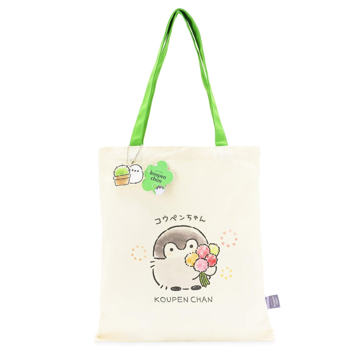 Official Koupen Chan canvas cotton tote bag: Ideal May "Month of Gratitude" gifts: Koupen Chan tote bags featuring positive penguin illustrations with clovers. A thoughtful and practical thank-you gift for teachers, mothers, and coworkers that provides emotional support.