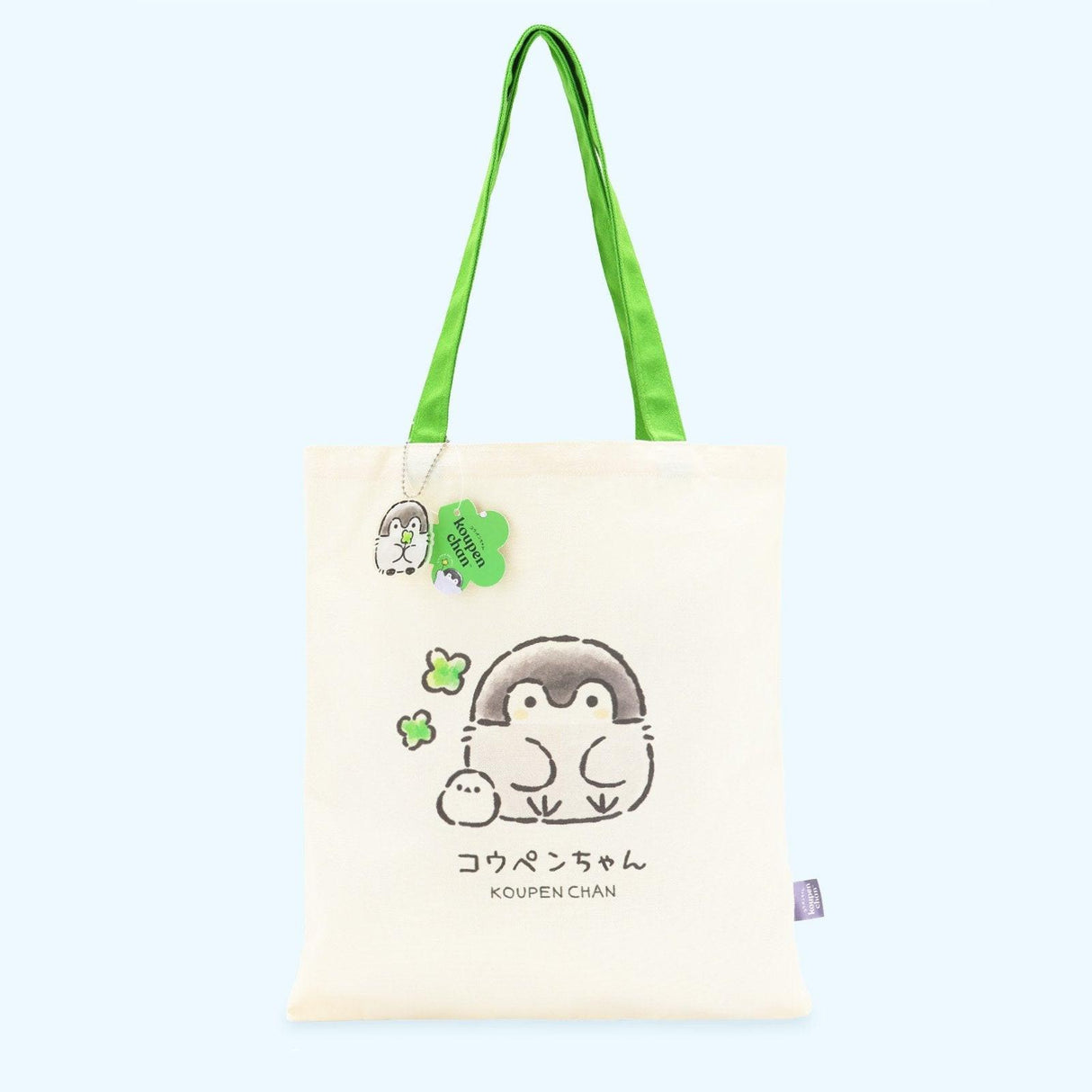 fficial Spiralcute Koupen Chan Clover Canvas Tote Bag; an authentic Japanese character eco-bag featuring the positive penguin and green clover illustrations.