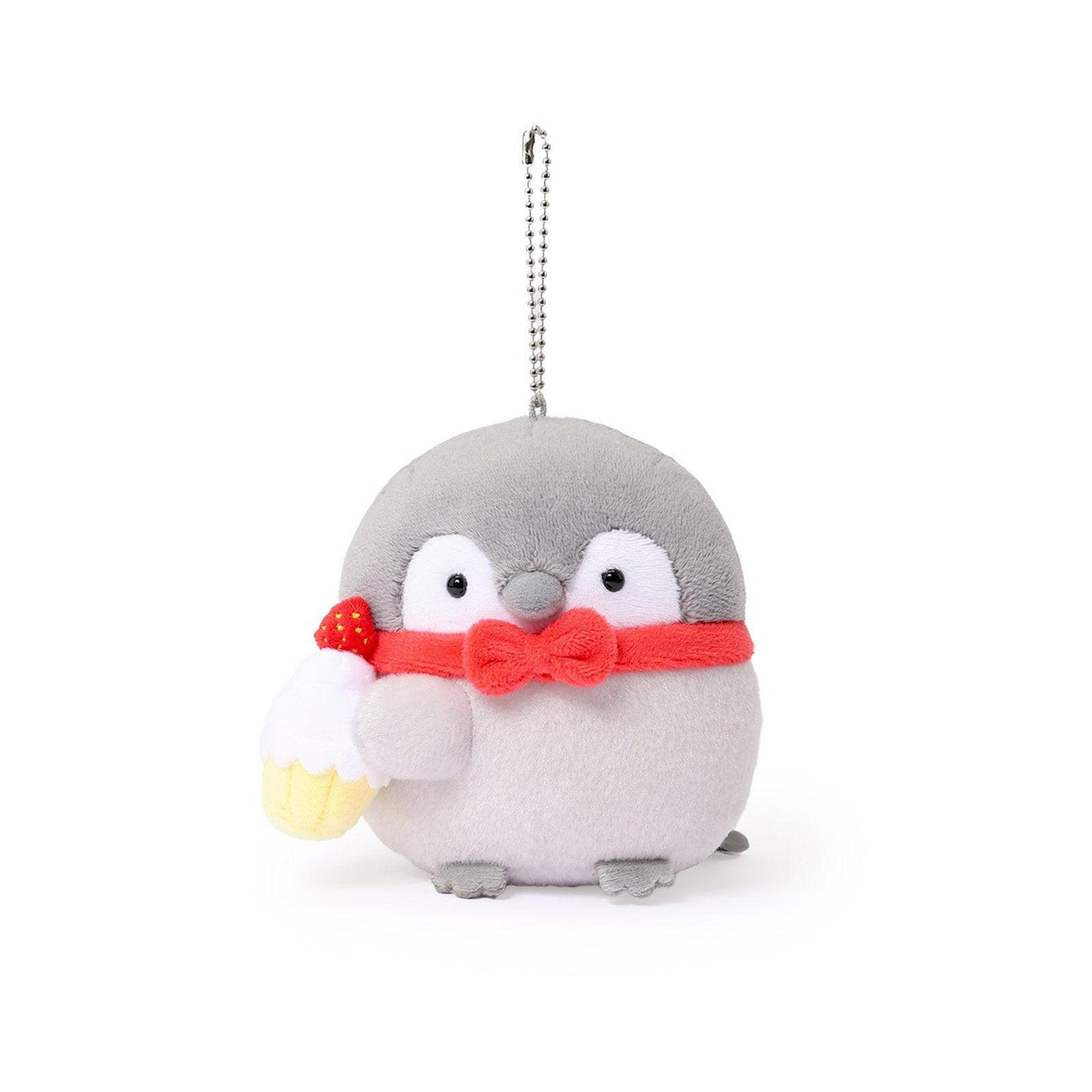 Officially licensed Spiralcute Koupen Chan Bakery Series plush mascot keychain featuring the cute grey penguin wearing a bright red bow tie and holding a miniature strawberry cupcake, with a silver ball chain, made of soft fuzzy material for adult kidult collectors as a kawaii aesthetic bag accessory or collectible plush charm.
