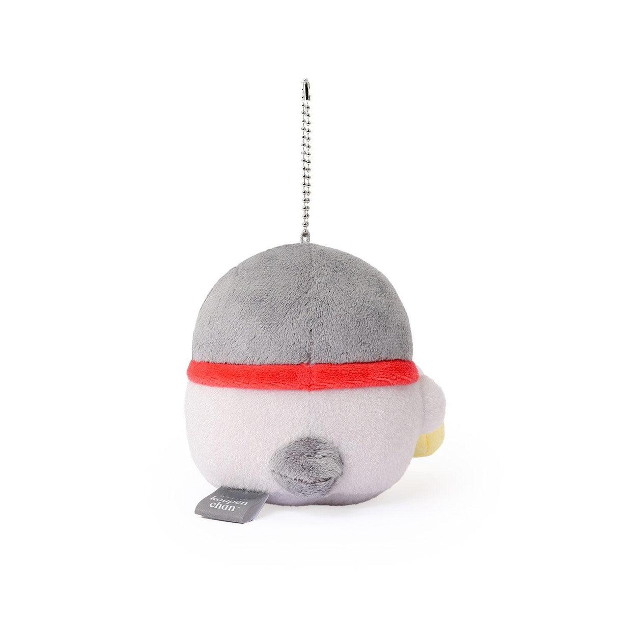 Officially licensed Spiralcute Koupen Chan Bakery Series plush mascot keychain featuring the cute grey penguin wearing a bright red bow tie and holding a miniature strawberry cupcake, with a silver ball chain, made of soft fuzzy material for adult kidult collectors as a kawaii aesthetic bag accessory or collectible plush charm.