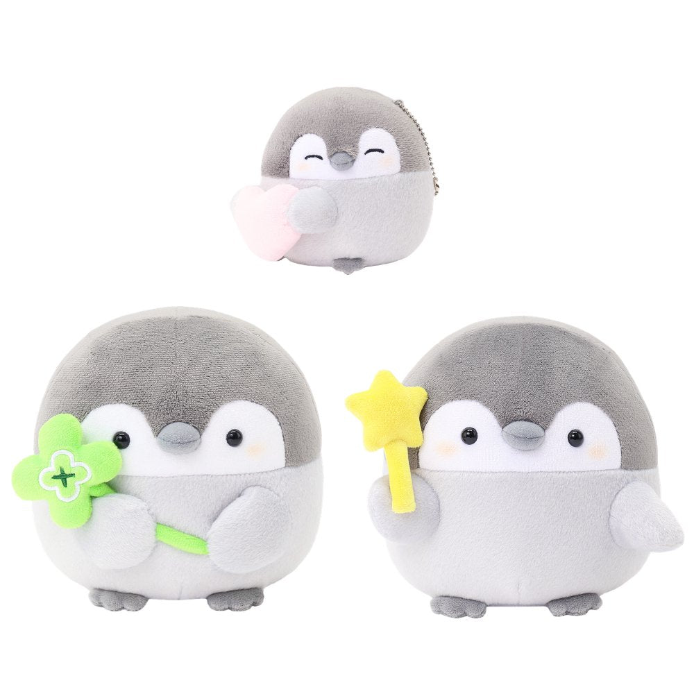 Officially licensed Spiralcute Koupen Chan Plush Collection featuring the cute grey penguin with a clover wand, star magic wand, red mug, balloon mascot, flower bouquet mascot, and pink heart mascot keychain. A premium full set for dedicated collectors and Japanese character fans seeking the ultimate kawaii plush collection.