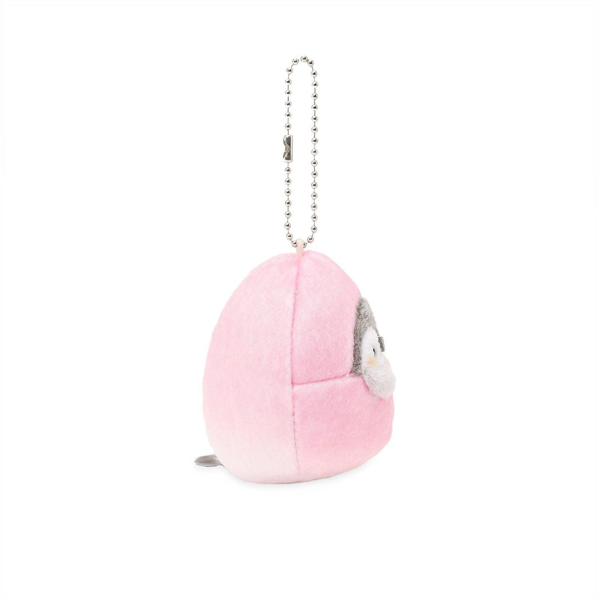 Officially licensed Spiralcute Koupen Chan fluffy and cute grey penguin plush keychain wearing a soft pink peach costume with a winking expression hanging with a silver ball chain, perfect for kidult bag charms and kawaii aesthetic backpack accessories.