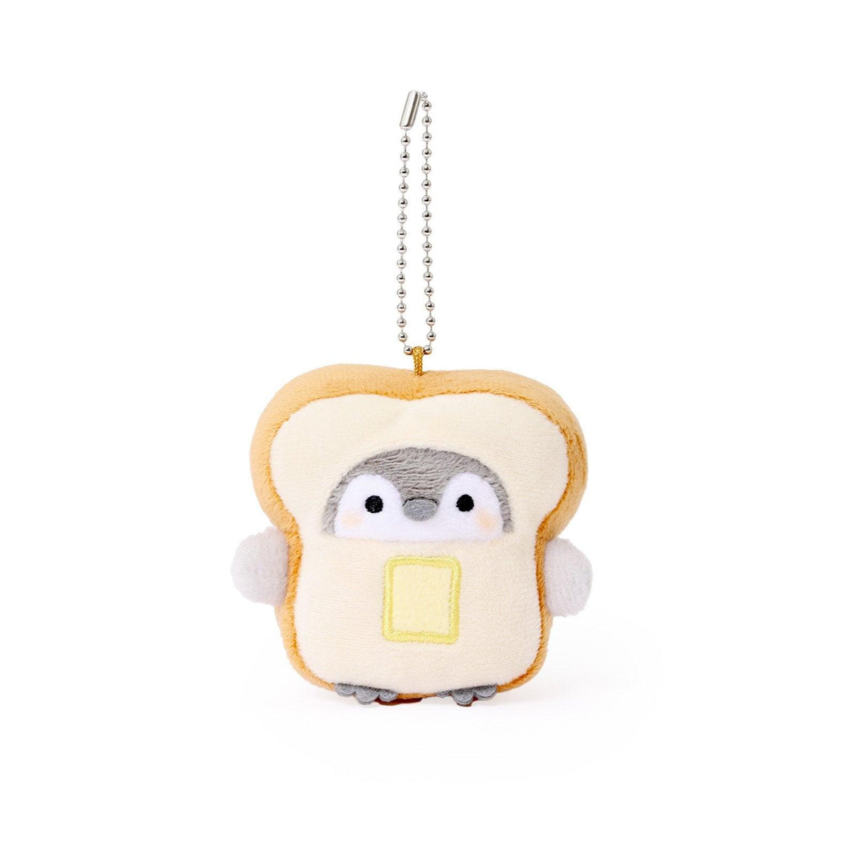 Officially licensed Spiralcute Koupen Chan Baker Costume Plush Mascot Keychain featuring a soft grey penguin embedded in a soft slice of bread with a yellow butter square detail, attached to a sturdy silver ball chain, perfect for kidult bag charms and kawaii aesthetic backpack accessories.