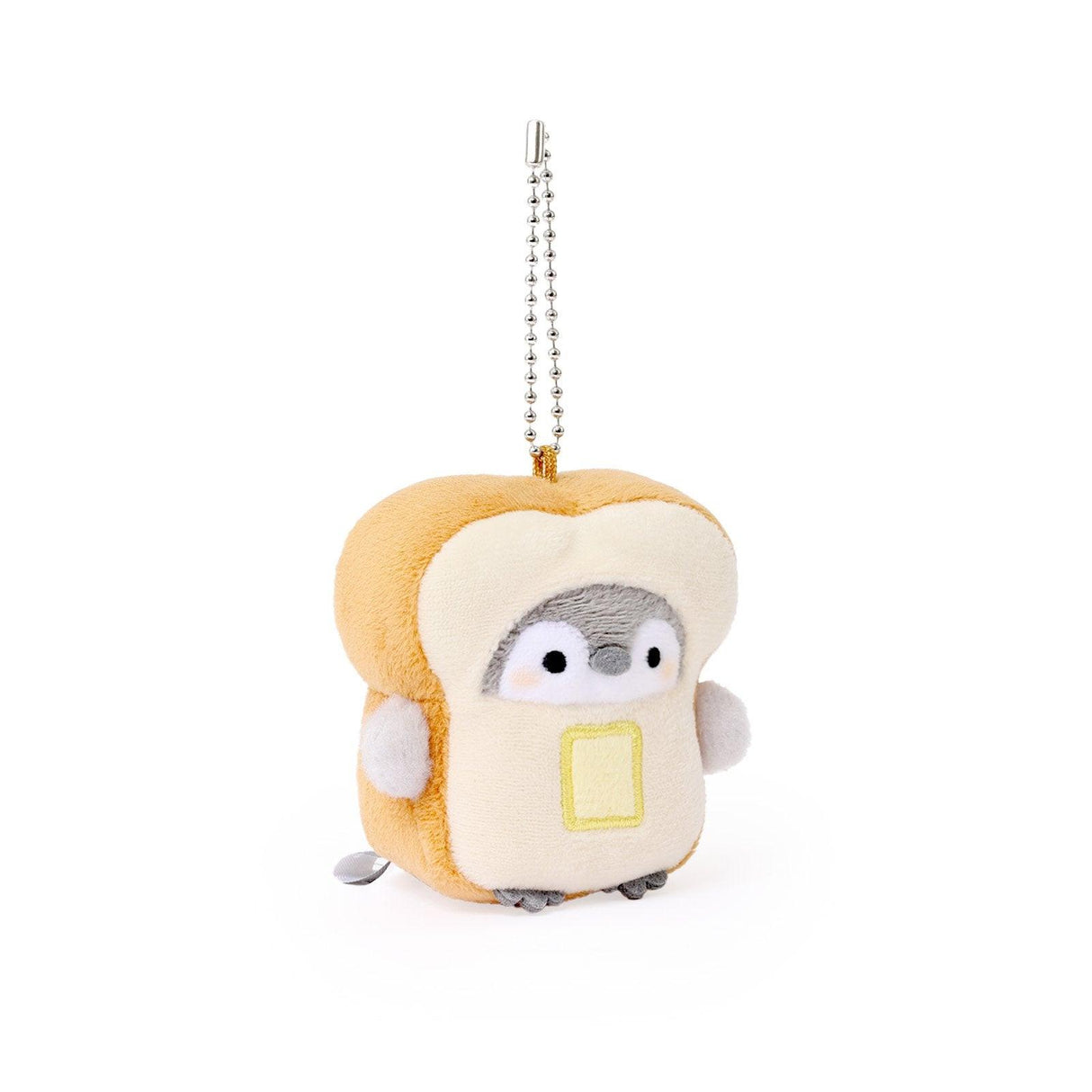 Officially licensed Spiralcute Koupen Chan Baker Costume Plush Mascot Keychain featuring a soft grey penguin embedded in a soft slice of bread with a yellow butter square detail, attached to a sturdy silver ball chain, perfect for kidult bag charms and kawaii aesthetic backpack accessories.