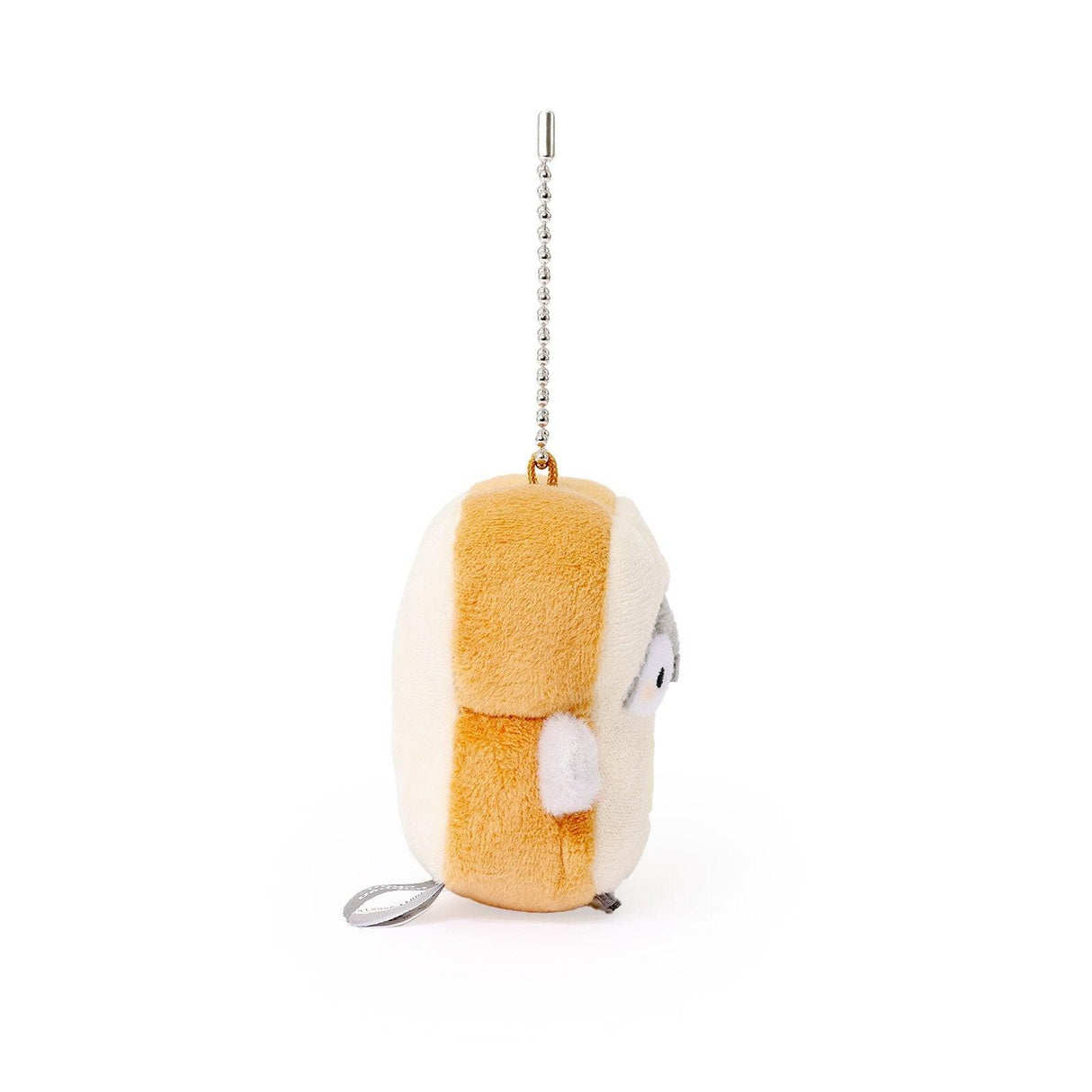 Officially licensed Spiralcute Koupen Chan Baker Costume Plush Mascot Keychain featuring a soft grey penguin embedded in a soft slice of bread with a yellow butter square detail, attached to a sturdy silver ball chain, perfect for kidult bag charms and kawaii aesthetic backpack accessories.