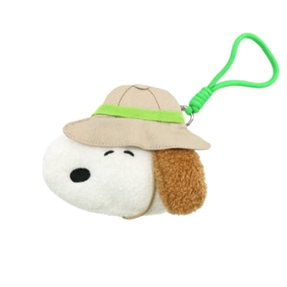 Featuring officially licensed Peanuts plush mini pouch in the shape of the character Andy's face, wearing a tan safari hat with a green cord loop for hanging.