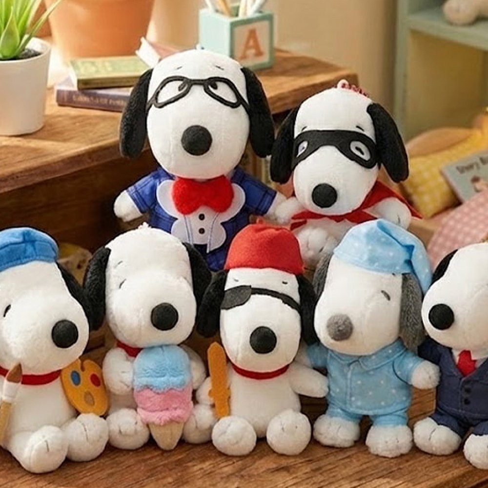 An officially licensed collection of Peanuts Plush Snoopy keychains in a variety of poses and holding props, including ice cream, wearing a cape, and holding art supplies.