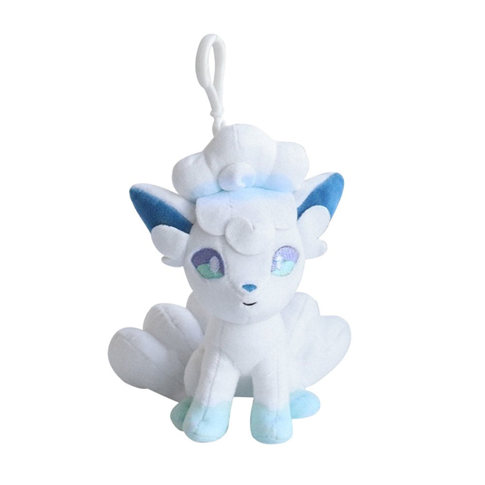 Plush keychain of Alolan Vulpix, a white and light blue fox Pokémon with curly fur on its head and multiple tails, featuring a white plastic clip for attachment.