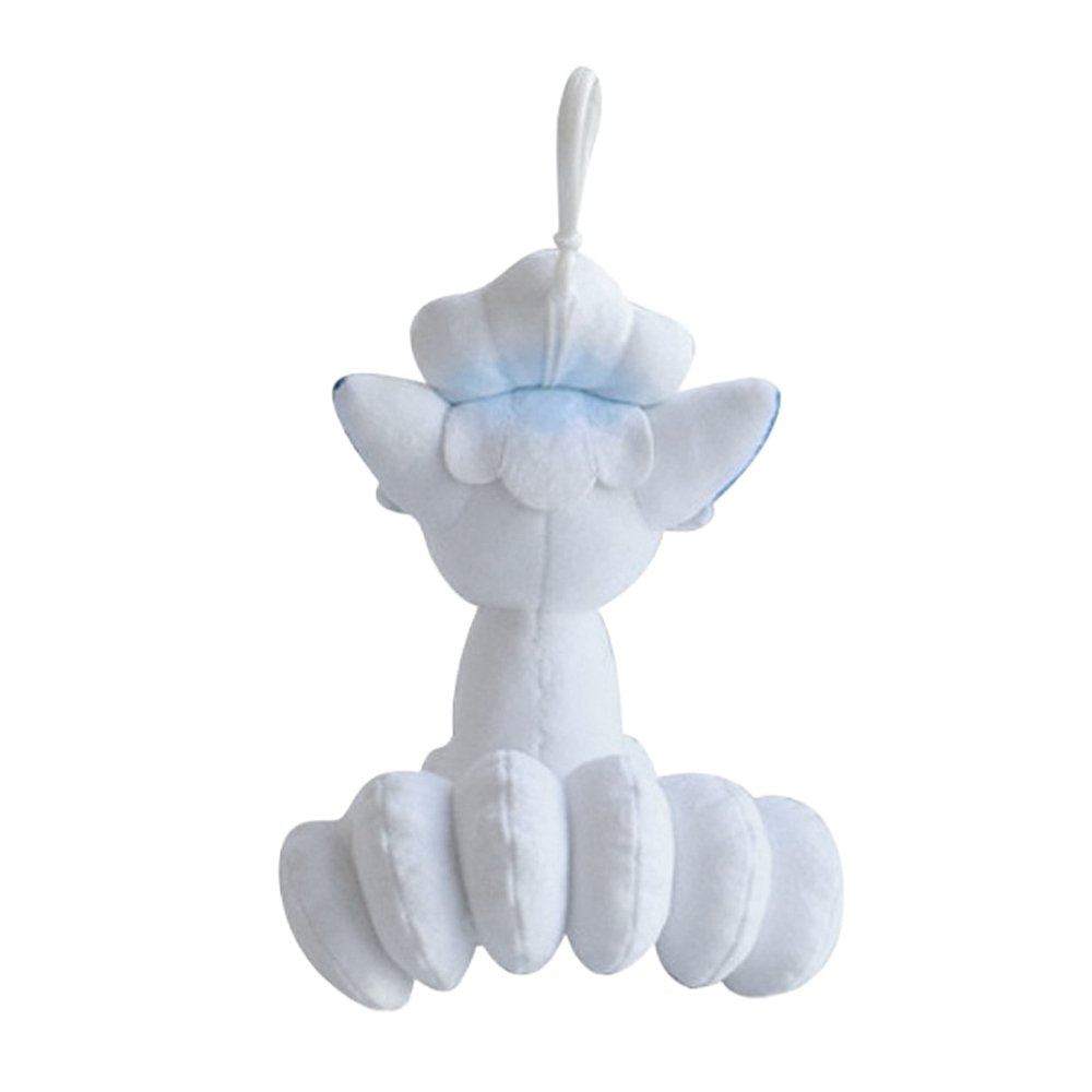 Plush keychain of Alolan Vulpix, a white and light blue fox Pokémon with curly fur on its head and multiple tails, featuring a white plastic clip for attachment.