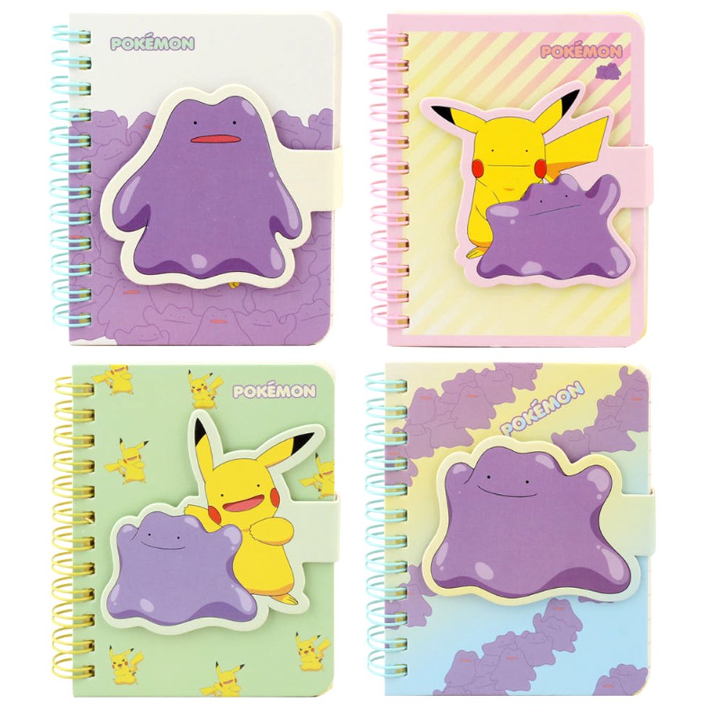 Officially licensed Pokemon spiral notebooks featuring magnetic closure flaps shaped like Ditto and Ditto-faced Pikachu