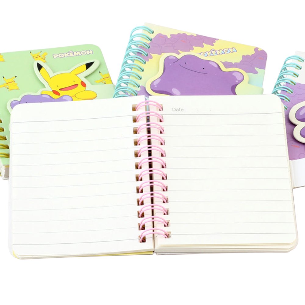 Officially licensed Pokemon spiral notebooks featuring magnetic closure flaps shaped like Ditto and Ditto-faced Pikachu