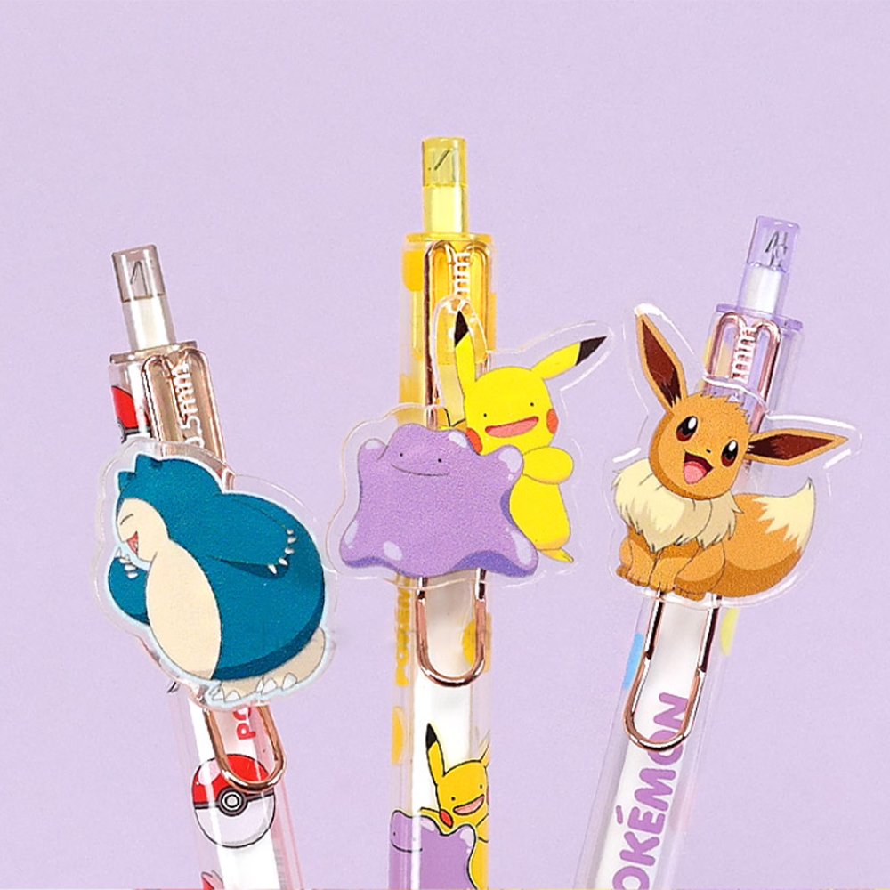 A full lineup of the officially licensed Pokemon mechanical pencil 7 blind boxes, featuring acrylic charm of Pikachu, Ditto, Eevee, Snorlax, and Pokeball