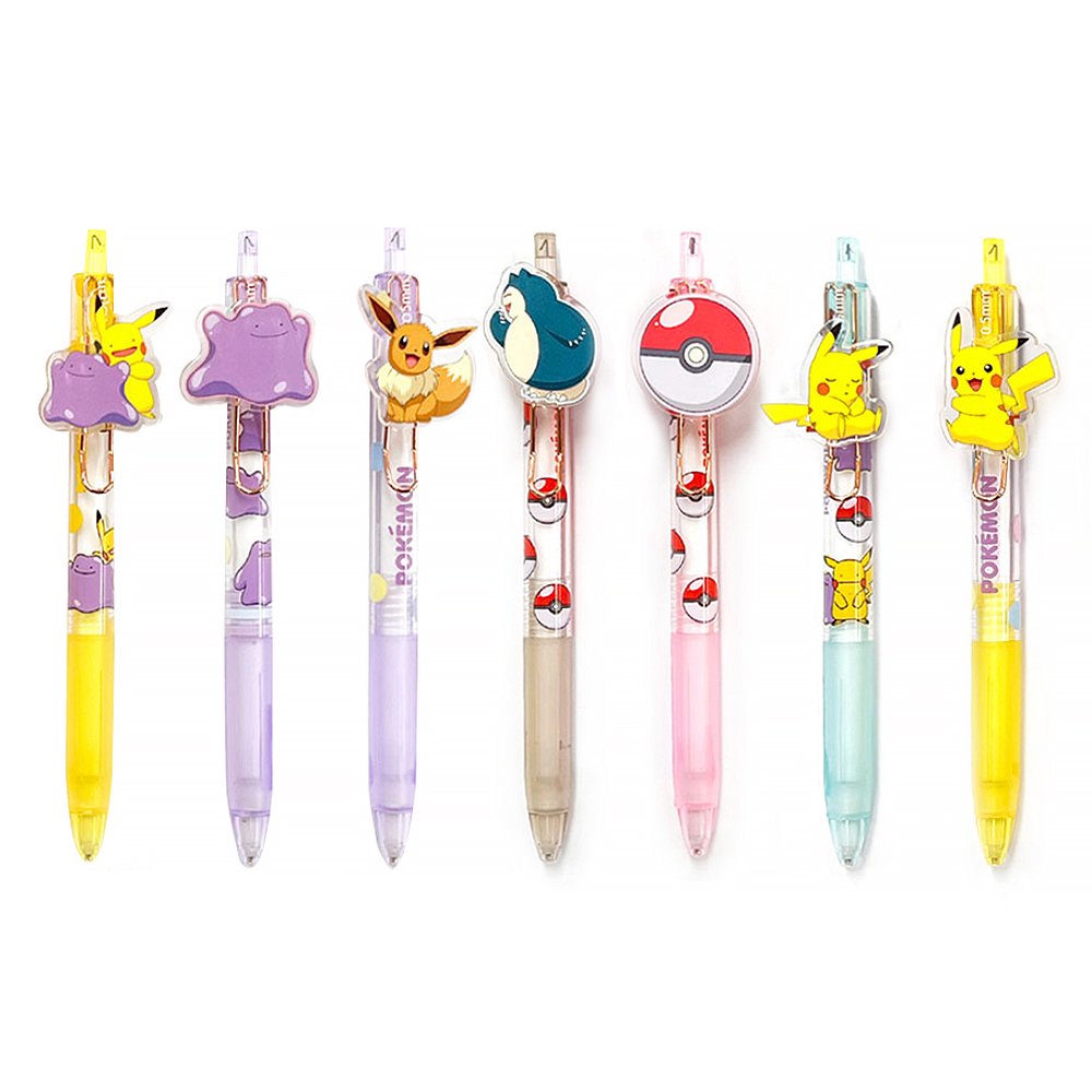 A full lineup of the officially licensed Pokemon mechanical pencil 7 blind boxes, featuring acrylic charm of Pikachu, Ditto, Eevee, Snorlax, and Pokeball