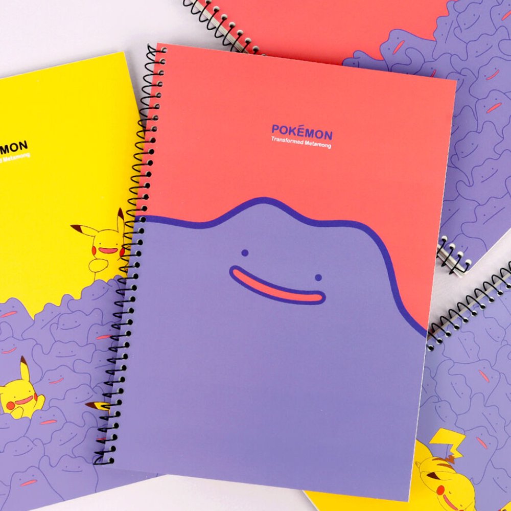A set of four officially licensed Pokemon spiral notebooks featuring Ditto and Pikachu, with Ditto's transformation into Pikachu.