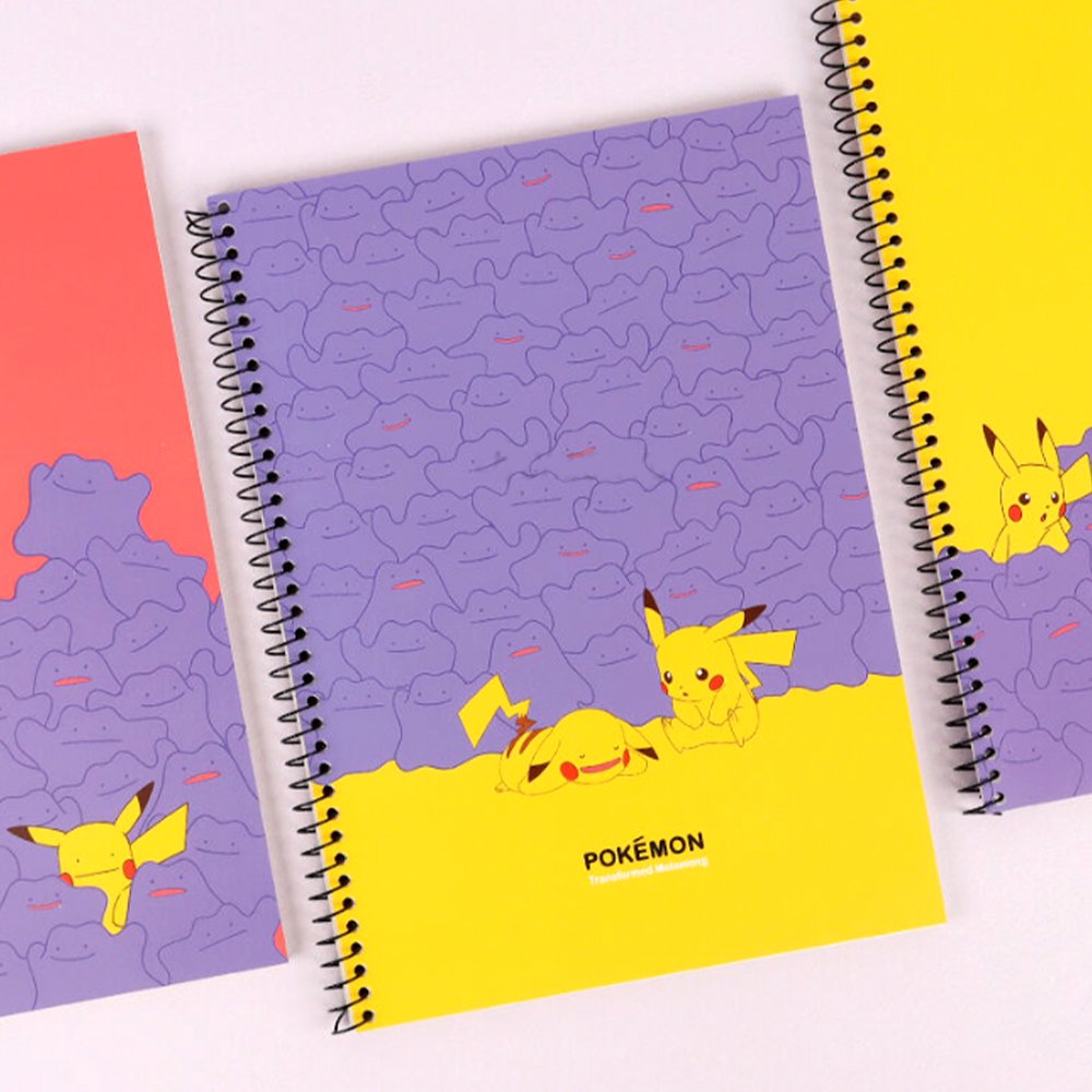 A set of four officially licensed Pokemon spiral notebooks featuring Ditto and Pikachu, with Ditto's transformation into Pikachu.