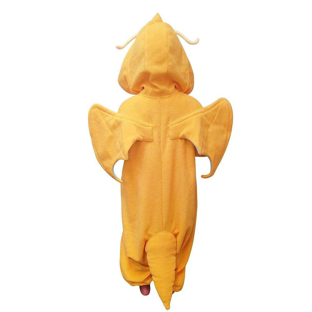 Yellow children's Pokemon Dragonite onesie with hood and wings on a white background
