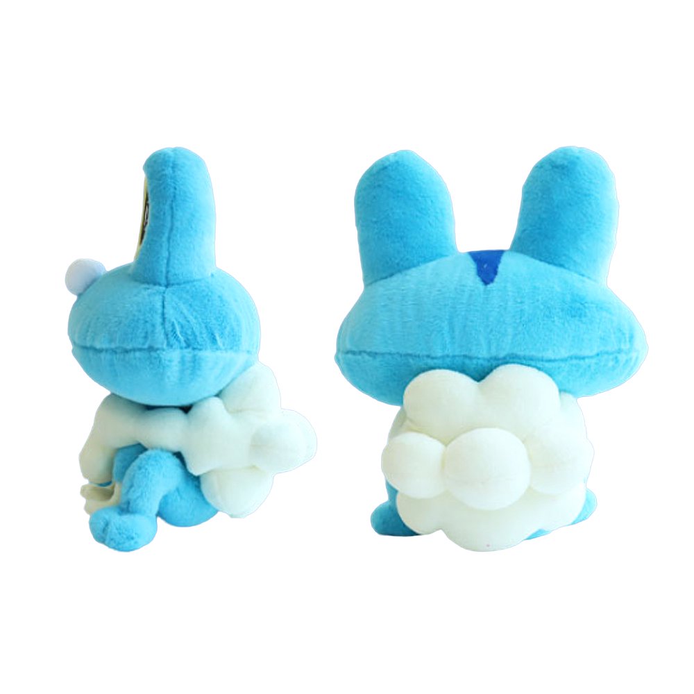 An officially licensed Pokemon plush toy of the Water-type starter Froakie, featuring oversized yellow embroidered eyes, a fluffy white cloud-like collar, and small cream-colored webbed hands resting on the ground.