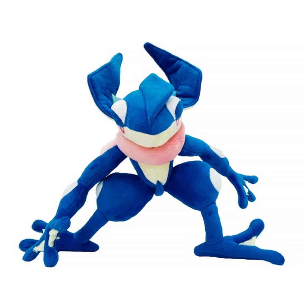 An officially licensed Pokemon Greninja plush toy in a dynamic crouching ninja pose, featuring a deep blue body, cream-colored underbelly, and a soft pink plush tongue wrapped around its neck like a scarf