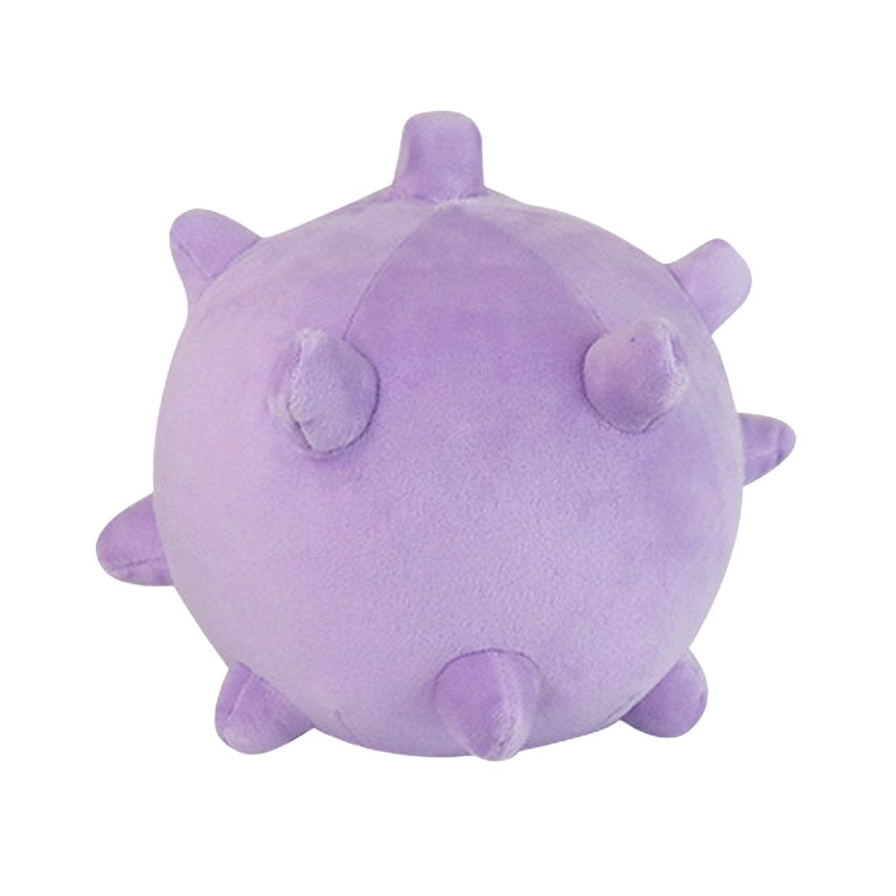 An officially licensed Pokemon Koffing plush toy with a spherical, purple body, wide-open mouth displaying small fangs and a red inner tongue, vacant white eyes, and a prominent yellow skull-and-crossbones emblem on its lower belly