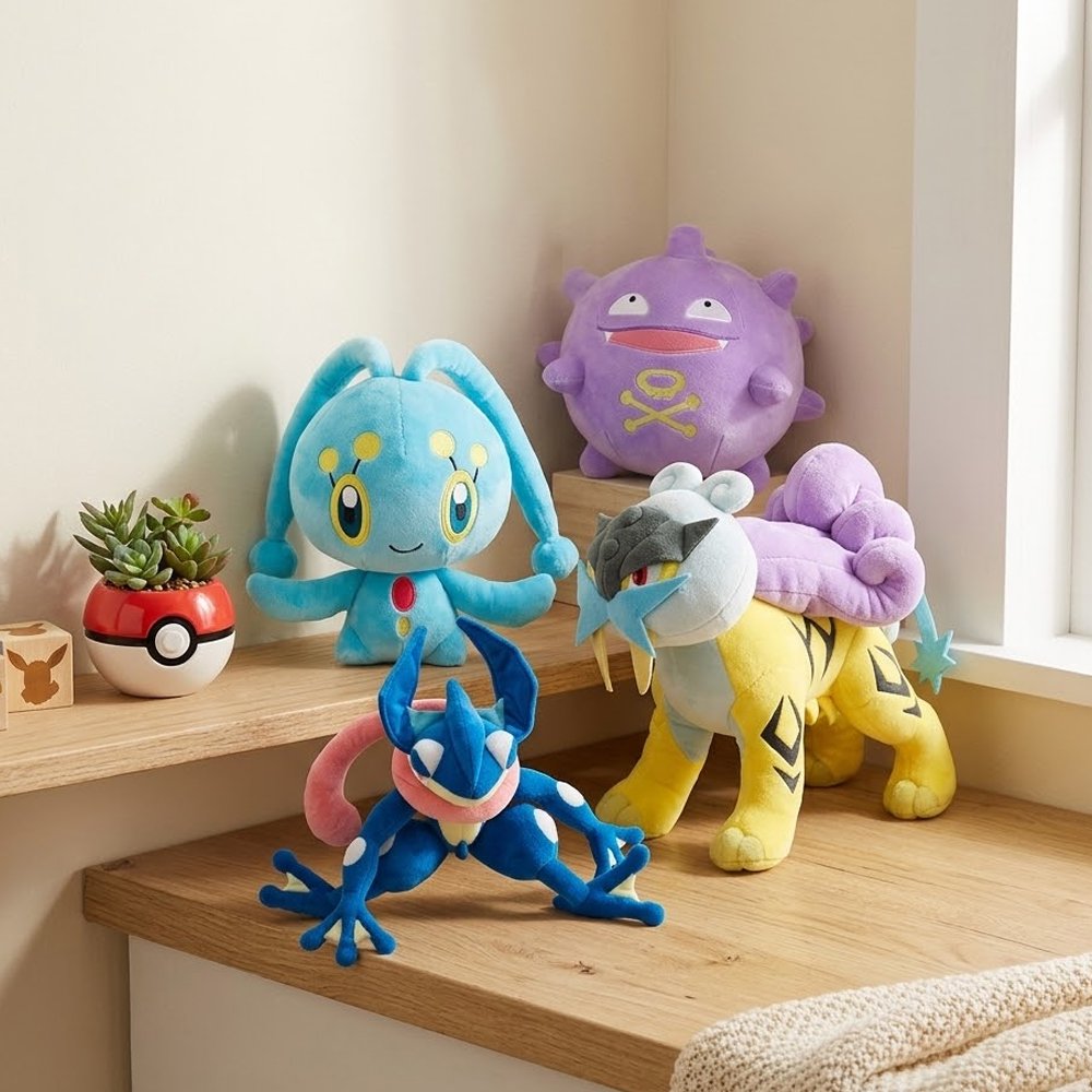 An officially licensed Pokemon collection of Manaphy, Raikou, Greninja, Koffing plush toys with detailed embroidery