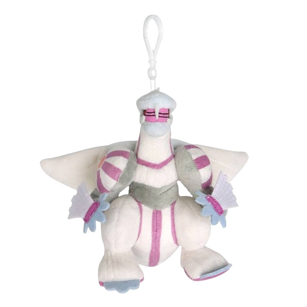 An officially licensed Pokemon Palkia plush keychain clip featuring a white and grey body with vibrant purple stripes and spatial wings