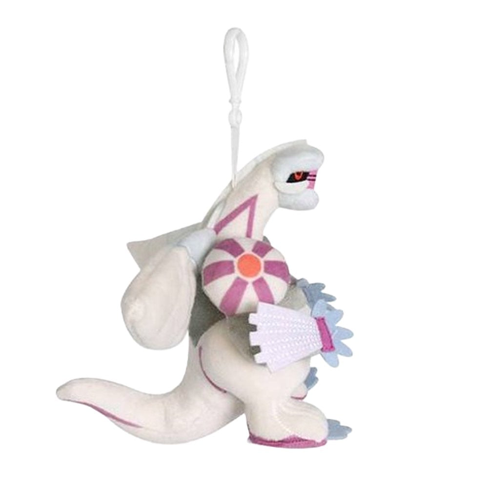 An officially licensed Pokemon Palkia plush keychain clip featuring a white and grey body with vibrant purple stripes and spatial wings