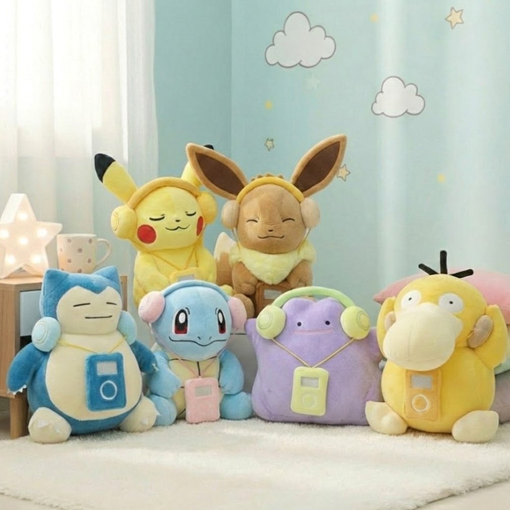 An officially licensed Pokemon plush collection featuring Pikachu, Eevee, Snorlax, Squirtle, Ditto, and Psyduck each sitting upright with a plush headset and a plush music player