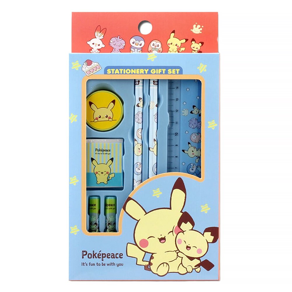 Two officially licensed Pokemon "Pokepeace" stationery gift sets side-by-side. The sets include two pencils, a ruler, a sharpener, an eraser, and two pencil caps.