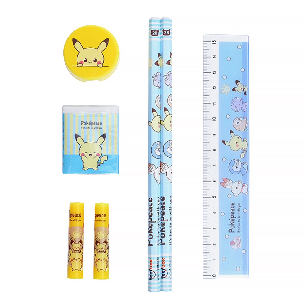 Two officially licensed Pokemon "Pokepeace" stationery gift sets side-by-side. The sets include two pencils, a ruler, a sharpener, an eraser, and two pencil caps.
