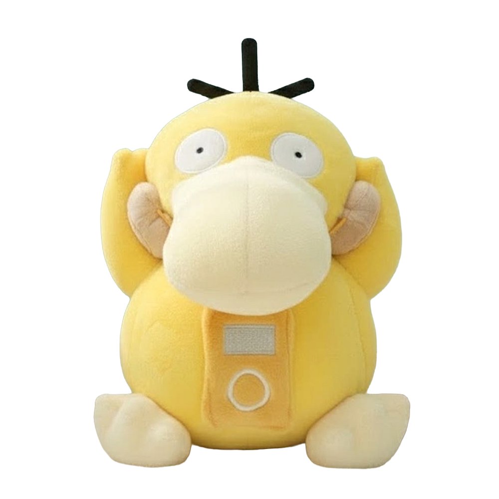 An officially licensed Psyduck plush sitting upright with its hands on its head, wearing a plush headset with a plush music player on its chest