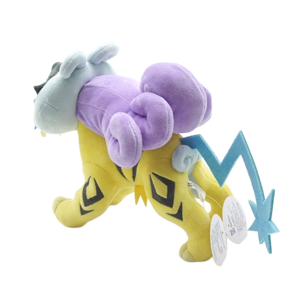An officially licensed Pokemon Raikou plush toy featuring a bright yellow body with black lightning stripes, a large purple plush mane resembling a thundercloud, and a light blue star-shaped mask over its face