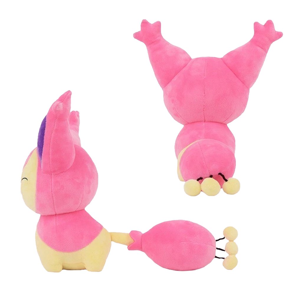 An officially licensed Skitty plush sitting upright with a happy expression, pink and cream fur, large ears, and a puffy pink tail