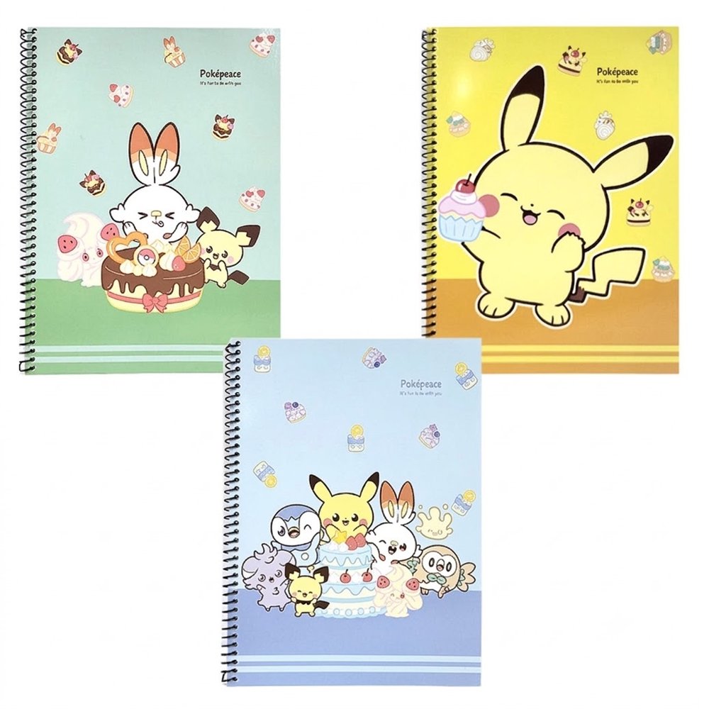 Three pastel-colored Pokemon Pokepeace spiral notebooks showcase adorable illustrations of Pikachu, Scorbunny, and other characters alongside cakes and sweets on green, yellow, and blue covers.