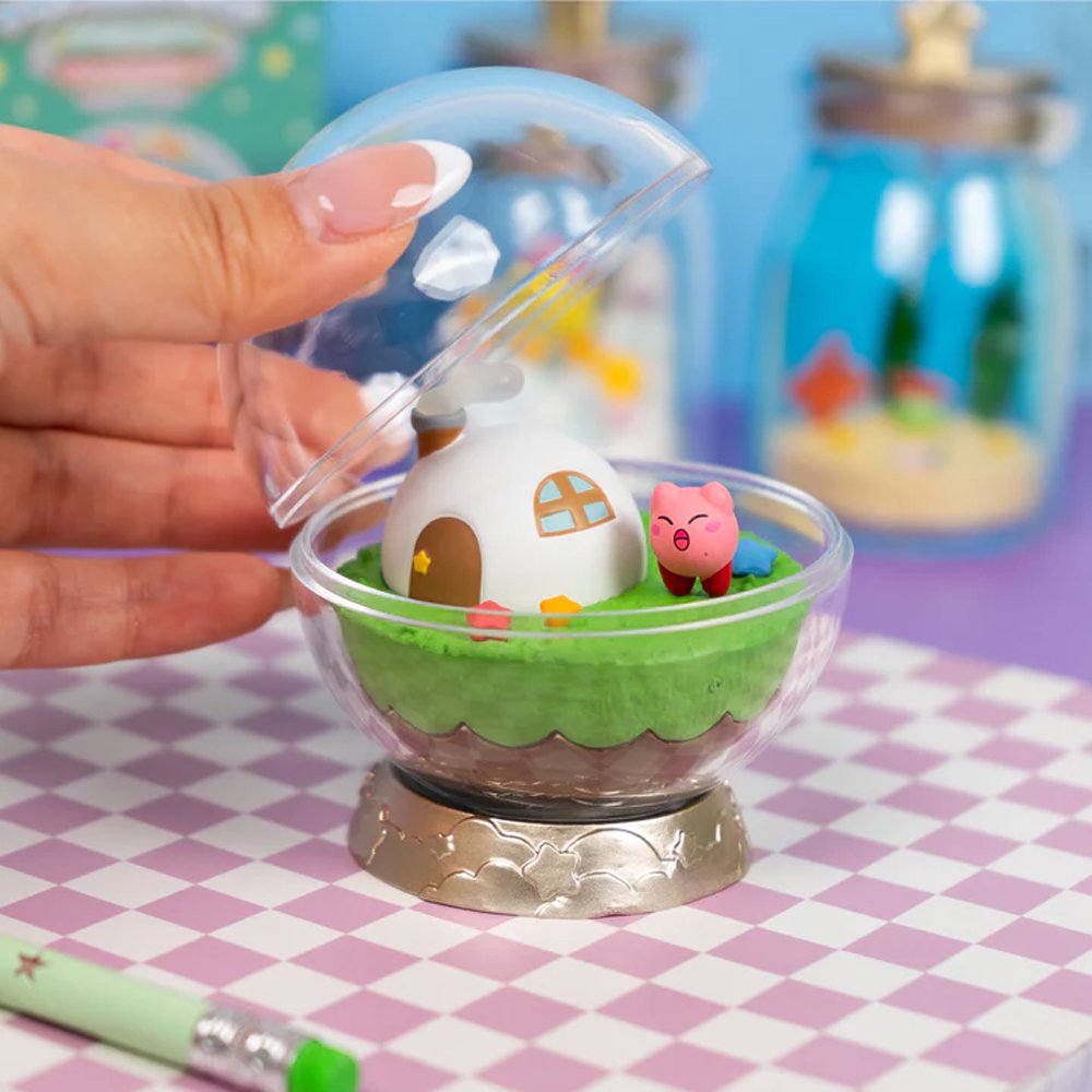 Officially licensed Kirby Terrarium Collection Deluxe Memories Re-Ment blind box figure featuring Kirby and Marx inside a clear globe alongside five other collectible jar and globe diorama displays
